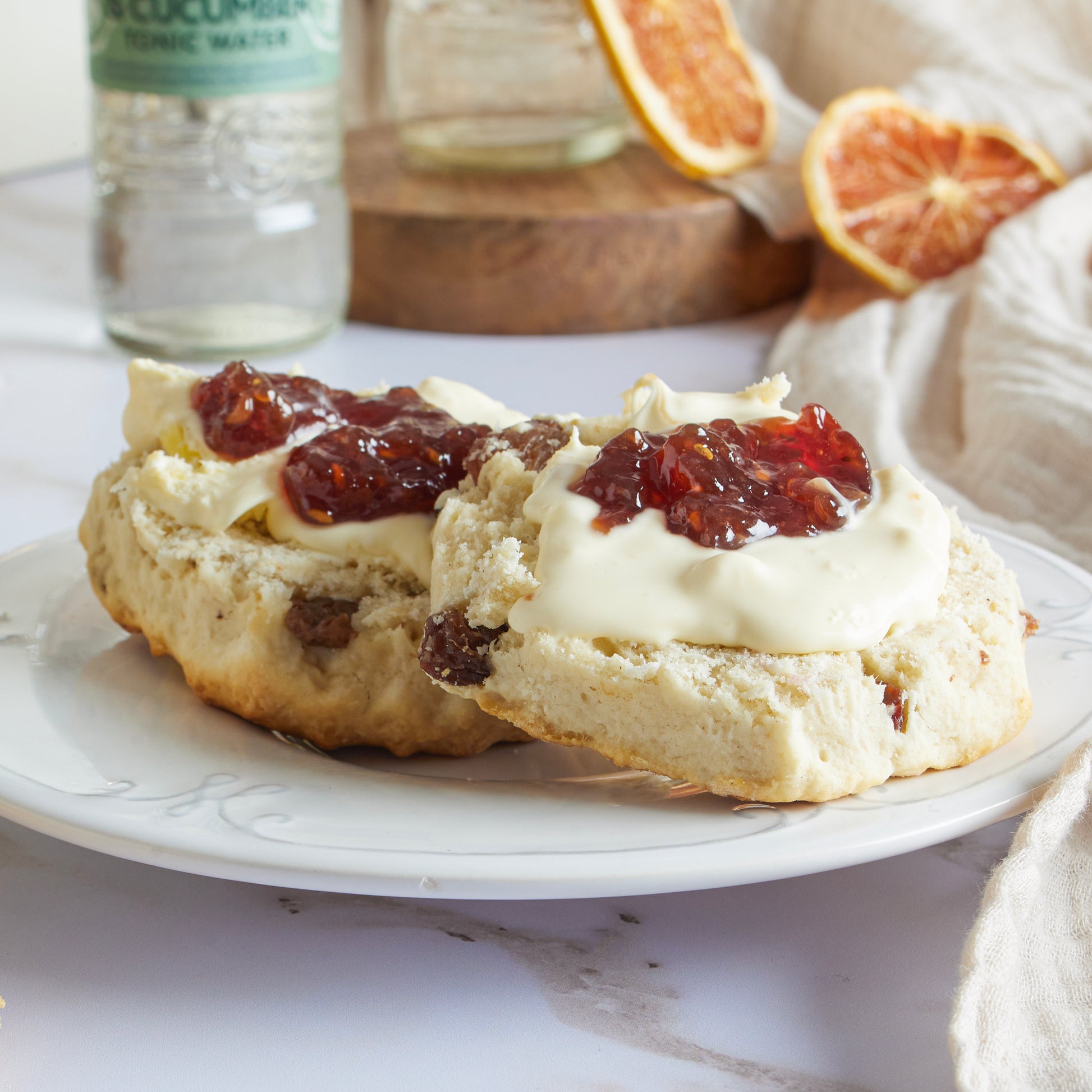 Close up of products in Gin Lovers Cream Tea Hamper, a luxury gift hamper from hampers.com UK