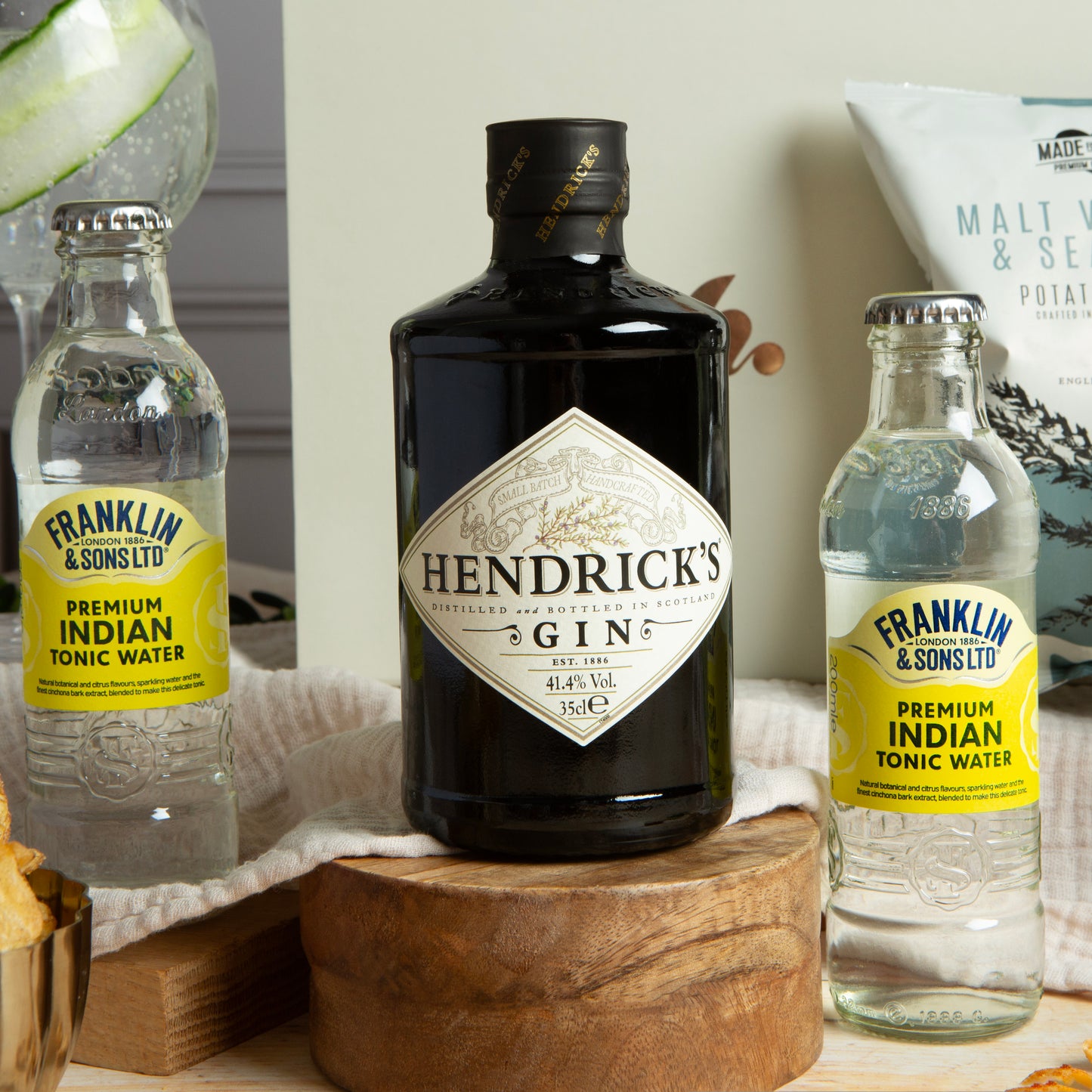 Close up of products in The Classic Gin and Tonic Hamper, a luxury gift hamper from hampers.com UK