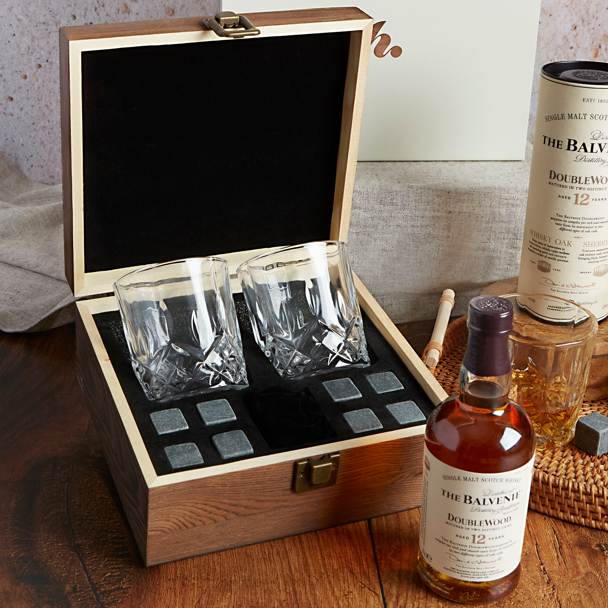 Close up of products in Whisky, Glasses & Whisky Stones Gift, a luxury gift hamper from hampers.com UK