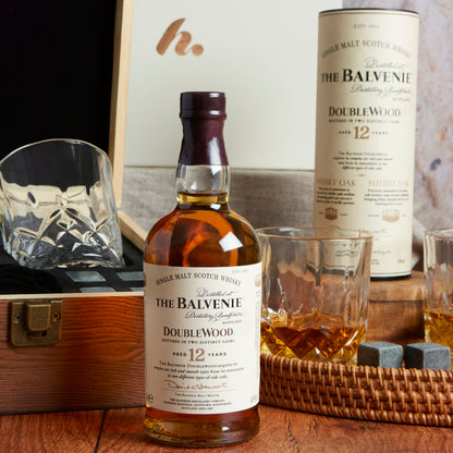 Close up of products in Whisky, Glasses & Whisky Stones Gift, a luxury gift hamper from hampers.com UK