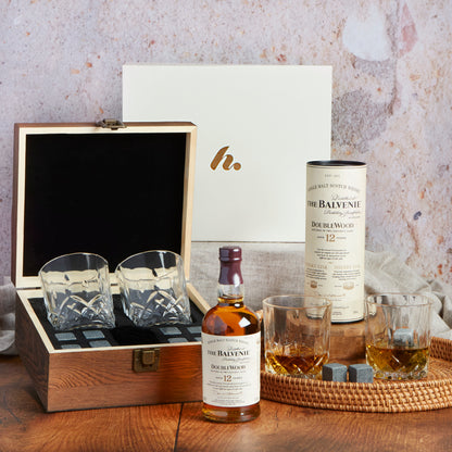 Close up of products in Whisky, Glasses & Whisky Stones Gift, a luxury gift hamper from hampers.com UK