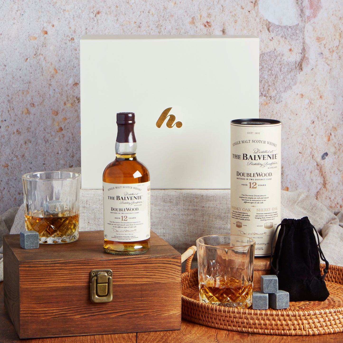 Main image of Whisky, Glasses & Whisky Stones Gift, a luxury gift hamper from hampers.com UK