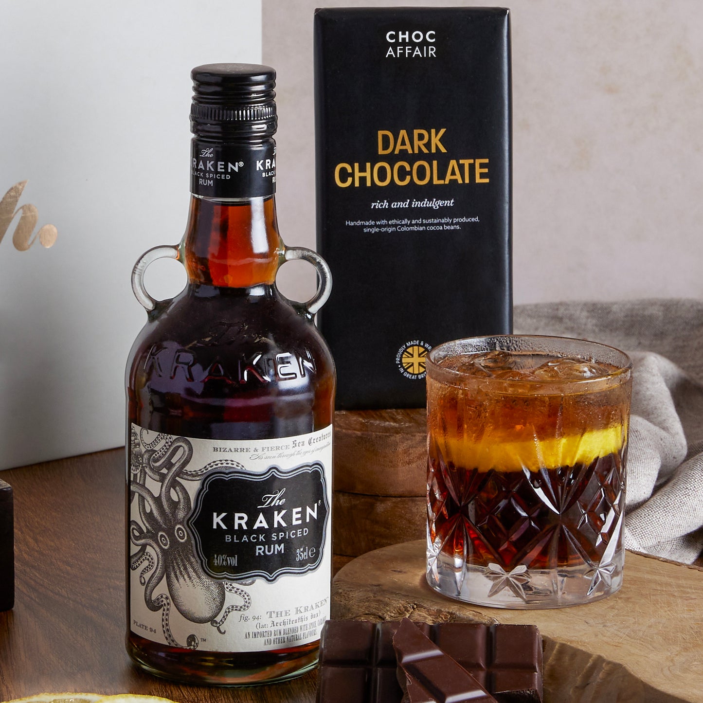 Close up of products in The Kraken Spiced Rum & Chocolate Gift, a luxury gift hamper from hampers.com UK