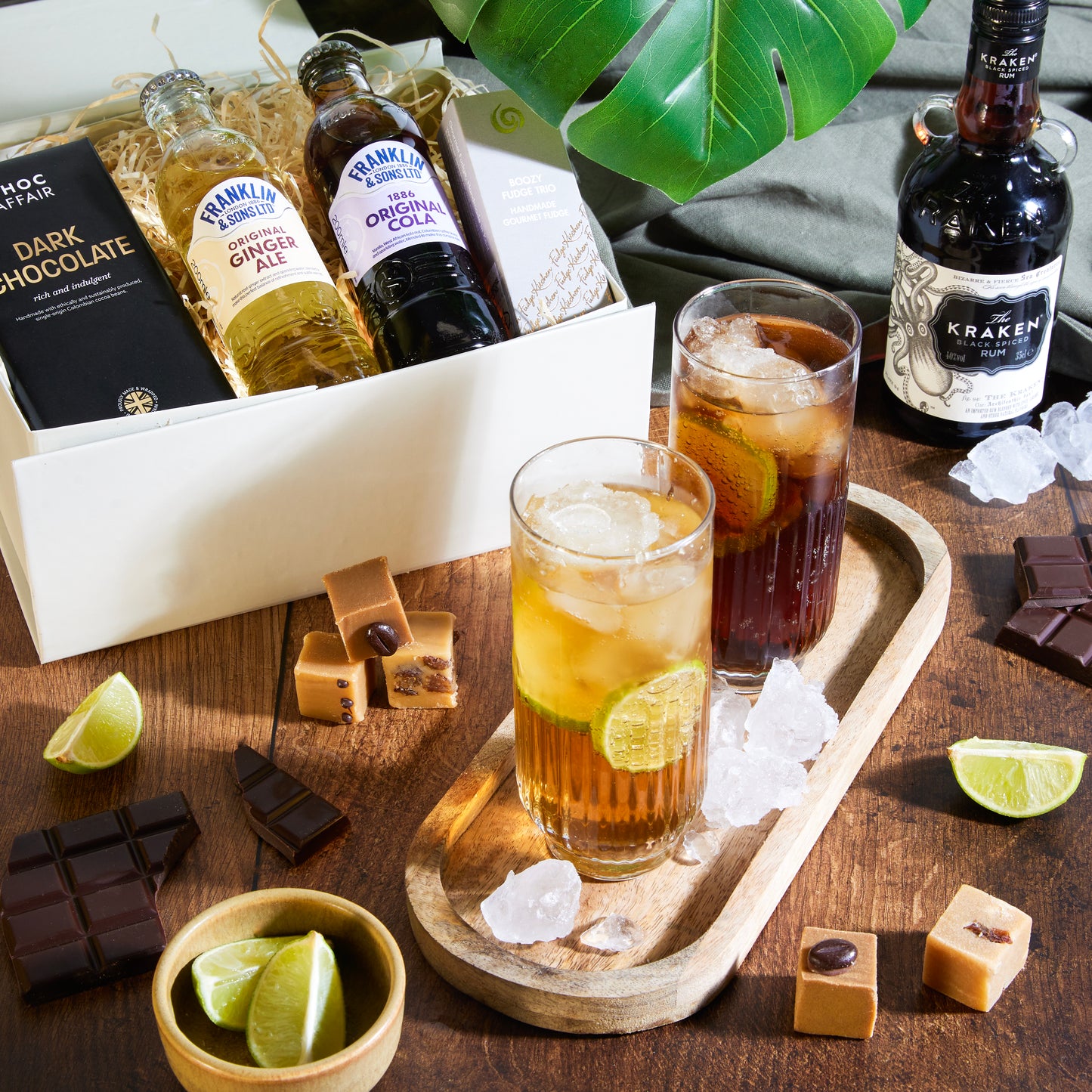 Close up of products in The Kraken Spiced Rum & Chocolate Gift, a luxury gift hamper from hampers.com UK