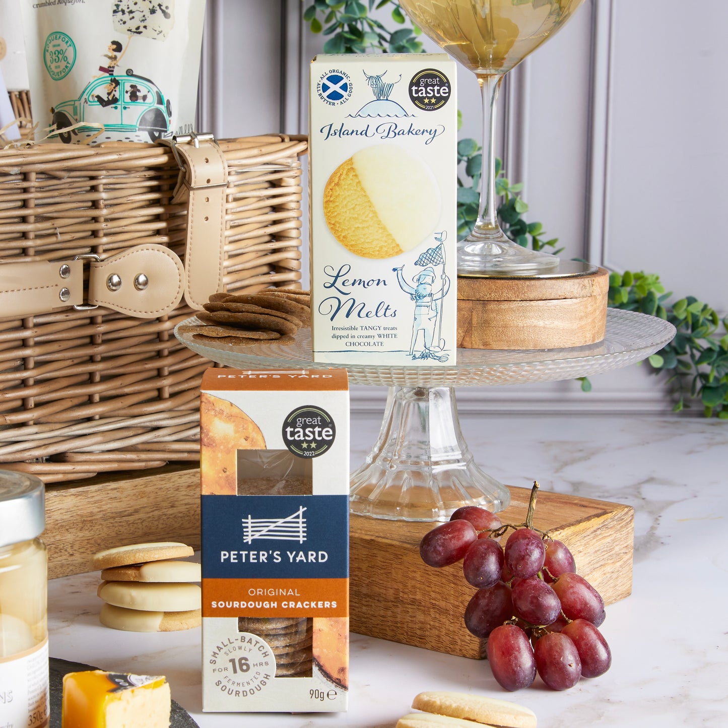 Close up of products in Summer Champagne Picnic Hamper, a luxury gift hamper from hampers.com