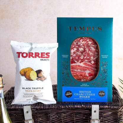 Close up of products in Charcuterie & Fizz Hamper, a luxury gift hamper from hampers.com UK