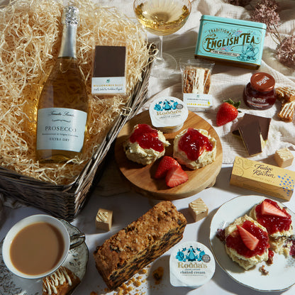 Close up of products in Afternoon Tea with Prosecco Hamper, a luxury gift hamper from hampers.com UK