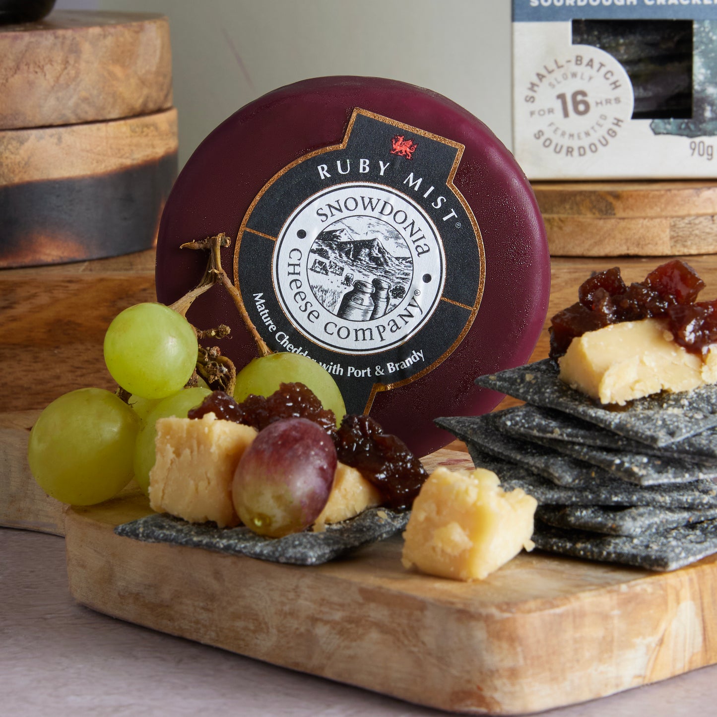 Close up of products in Classic Port & Cheese Hamper, a luxury gift hamper from hampers.com UK