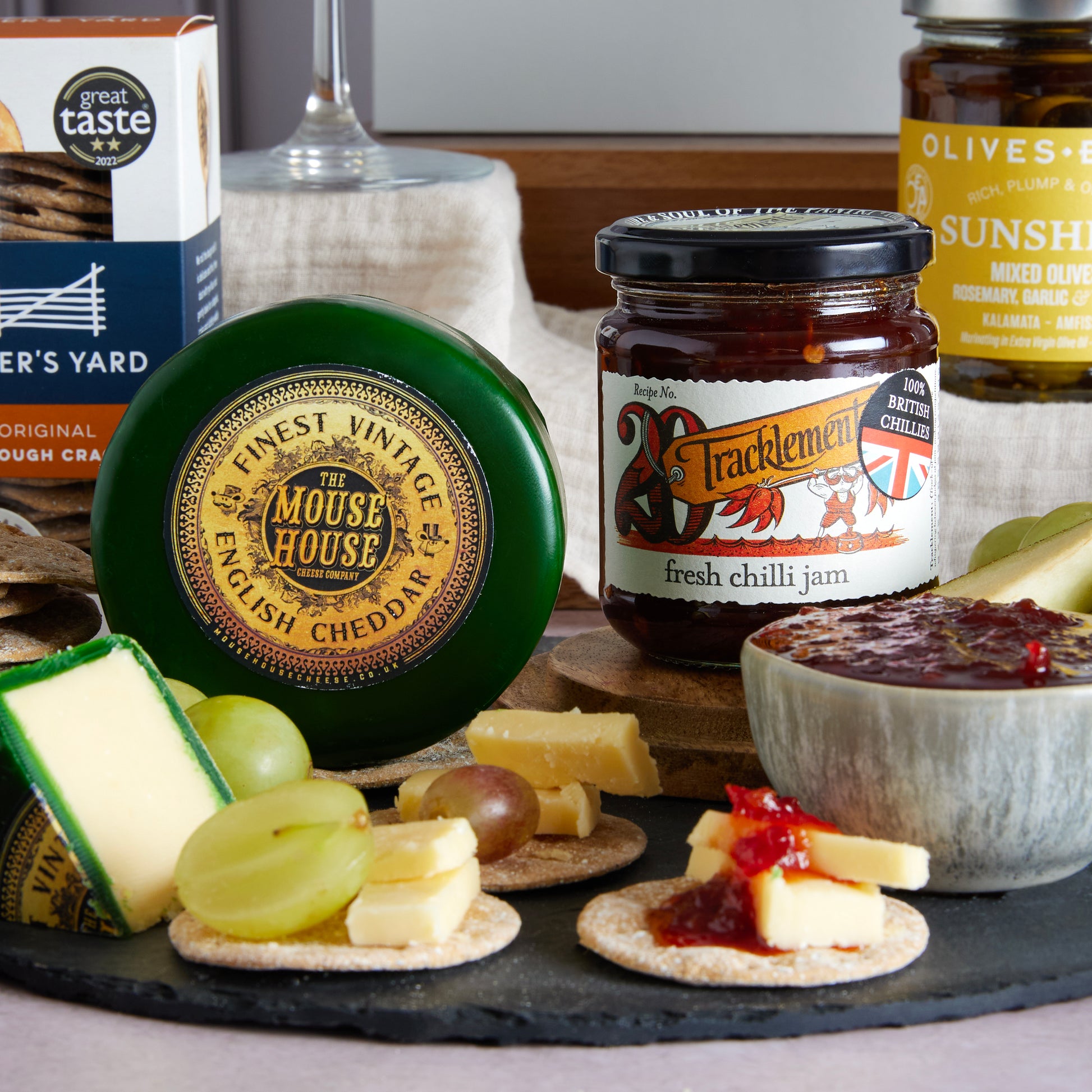 Close up of products in Gourmet Cheese & Wine Gift, a luxury gift hamper from hampers.com UK