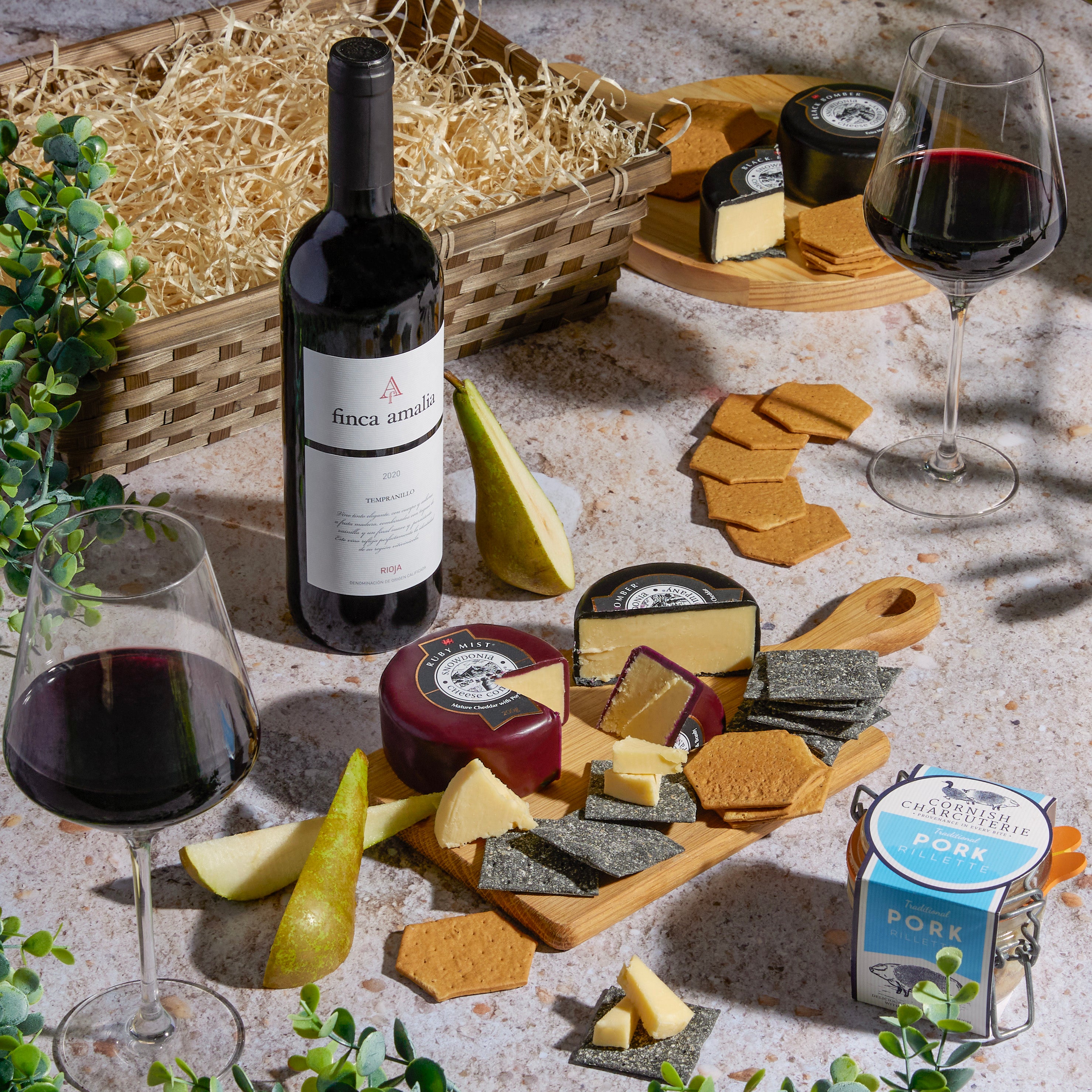 Close up of products in Wine, Cheese & Rillette Hamper, a luxury gift hamper from hampers.com UK