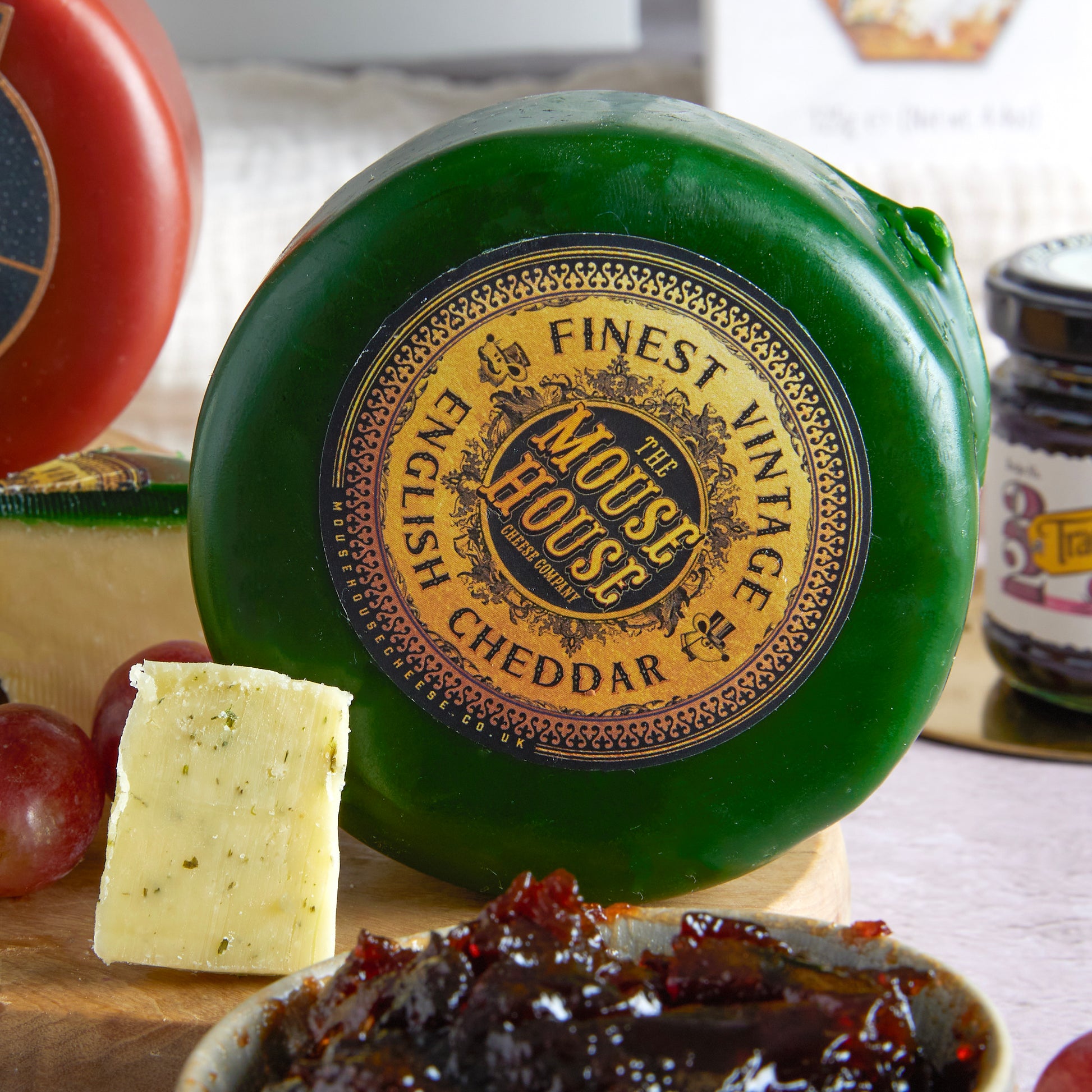 Close up of products in The Cheese Lovers Hamper, a luxury gift hamper from hampers.com UK