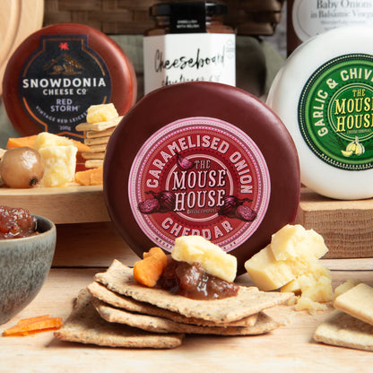 Close up of products in Luxury Cheeseboard Gift Hamper, a luxury gift hamper from hampers.com UK