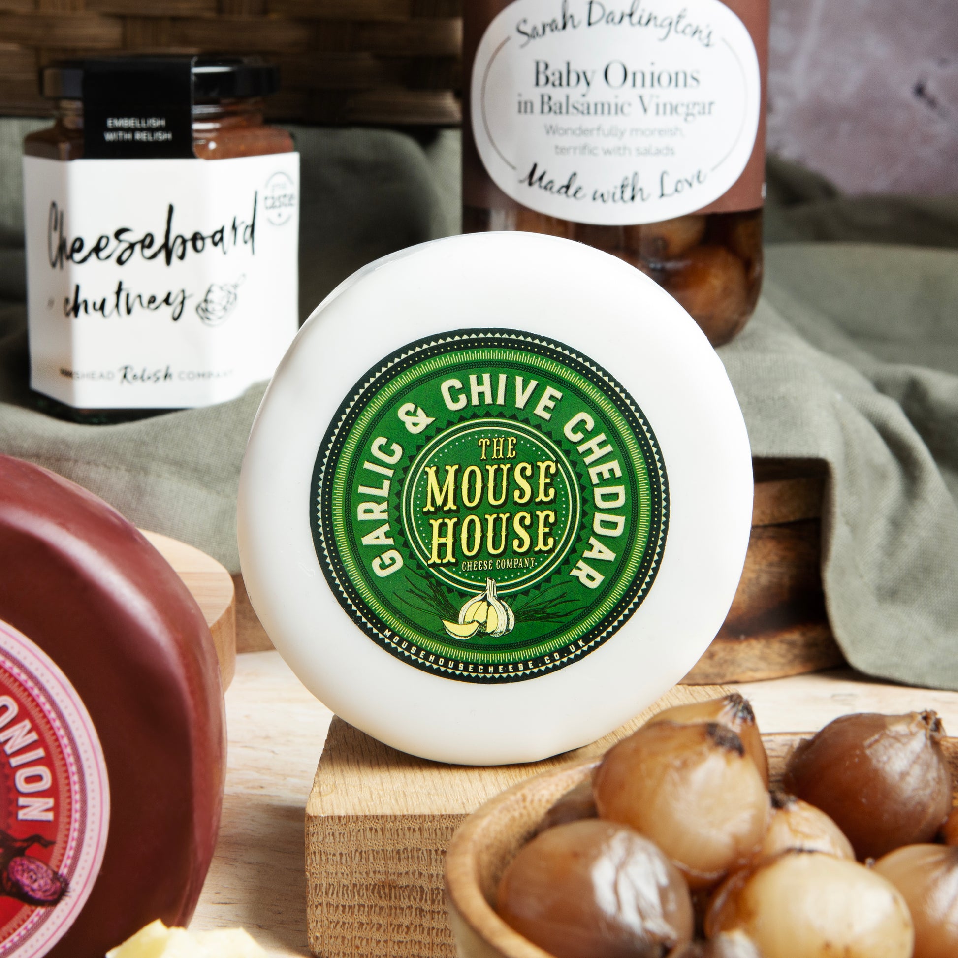 Close up of products in Luxury Cheeseboard Gift Hamper, a luxury gift hamper from hampers.com UK