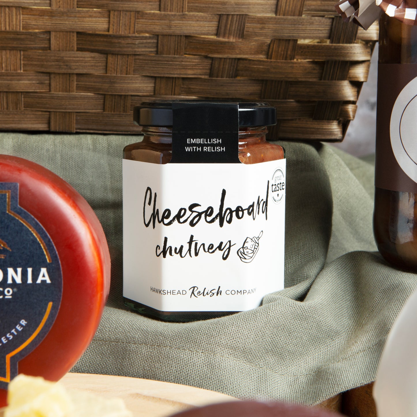 Close up of products in Luxury Cheeseboard Gift Hamper, a luxury gift hamper from hampers.com UK