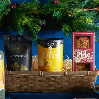 Close up of products in The Luxury Joy of Christmas Hamper, a luxury Christmas gift hamper at hampers.com UK