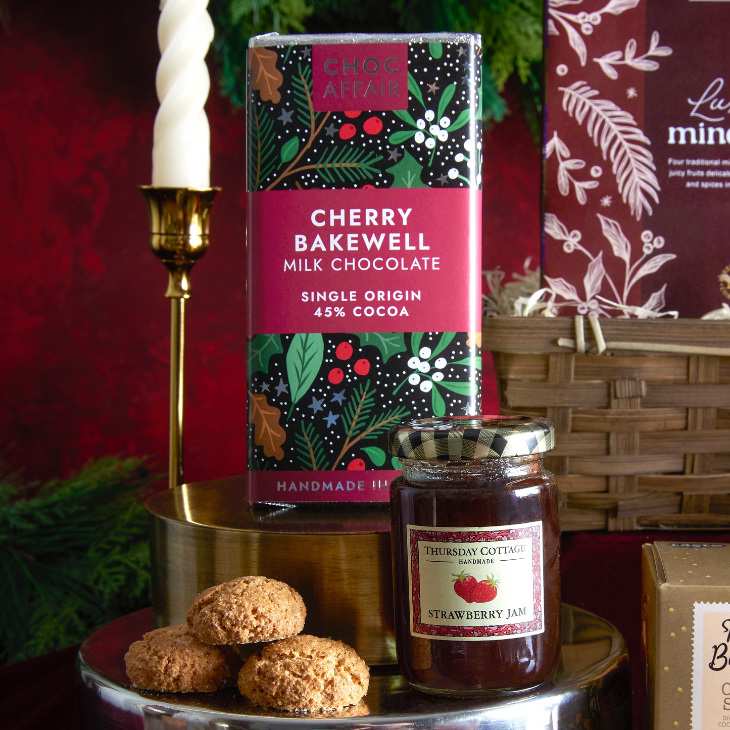 Close up of products in The Festive Afternoon Tea Hamper, a luxury Christmas gift hamper at hampers.com UK