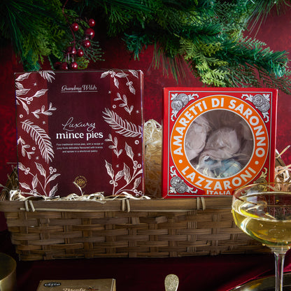 Close up of products in The Festive Afternoon Tea Hamper, a luxury Christmas gift hamper at hampers.com UK