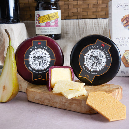 Close up of products in Cheese & Wine Hamper for Him, a luxury gift hamper from hampers.com UK