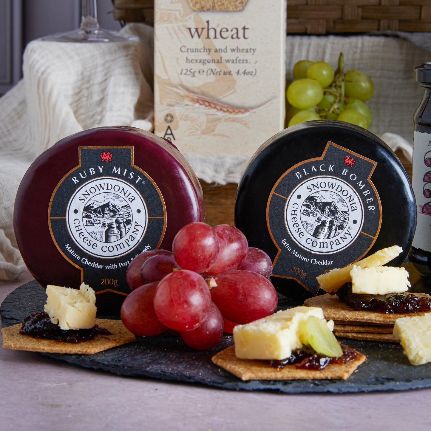 Close up of products in Luxury Port & Cheese Hamper, a luxury gift hamper from hampers.com UK