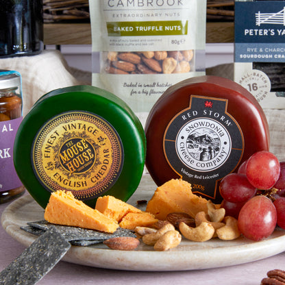 Close up of products in Luxury Wine, Cheese & Rillette Hamper, a luxury gift hamper from hampers.com UK