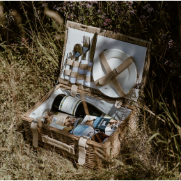 British Pimm's Picnic Hamper with contents on display