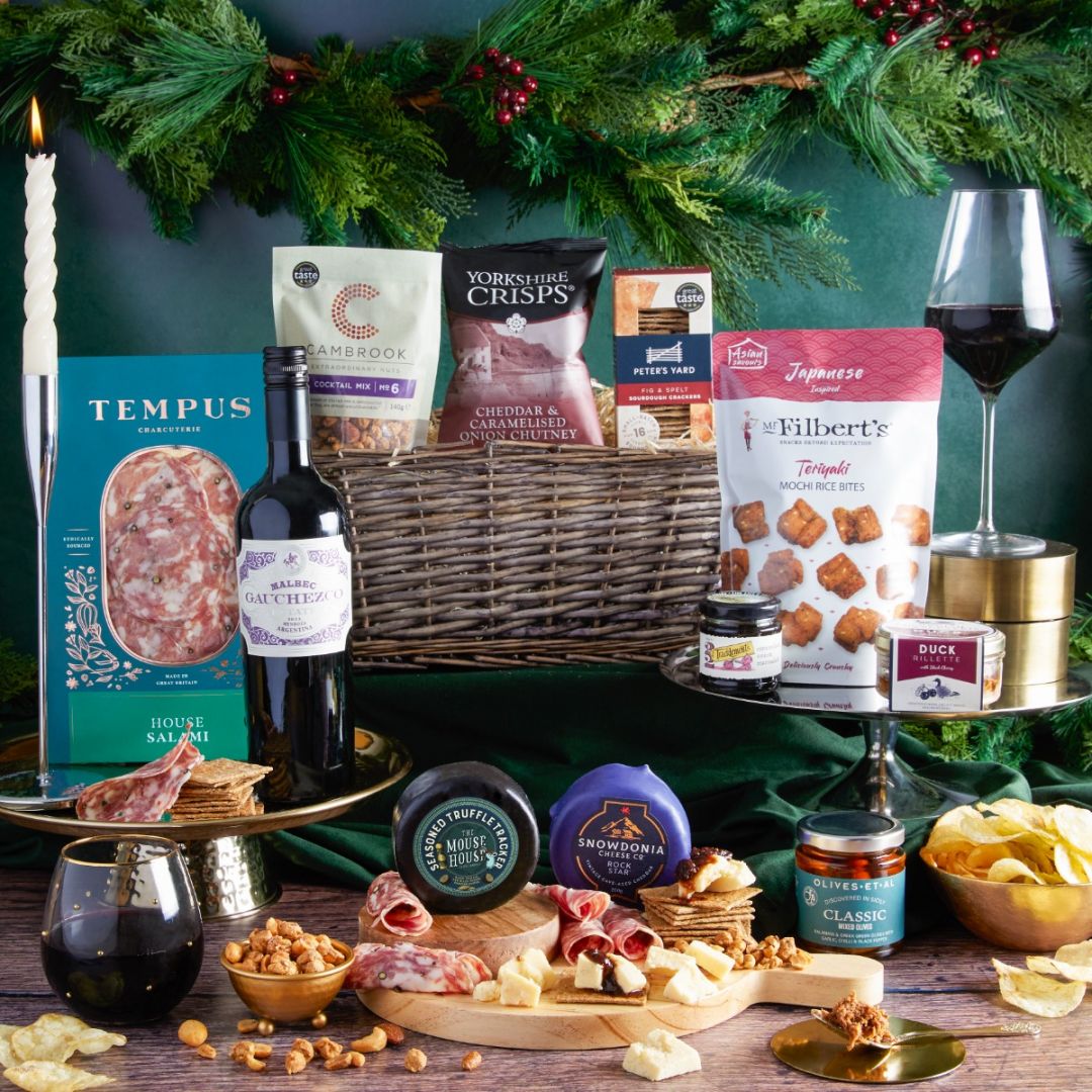 Main image of Christmas Eve Wine & Nibbles Gift Basket, a luxury Christmas gift hamper at hampers.com UK