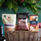 Close up of products in Christmas Eve Wine & Nibbles Gift Basket, a luxury Christmas gift hamper at hampers.com UK