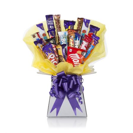 Chocolate Bouquet - Chocolate Bar & Sweets delicately hand tied in a bouquet with cellophane wrapping, similar to a flower bouquet.