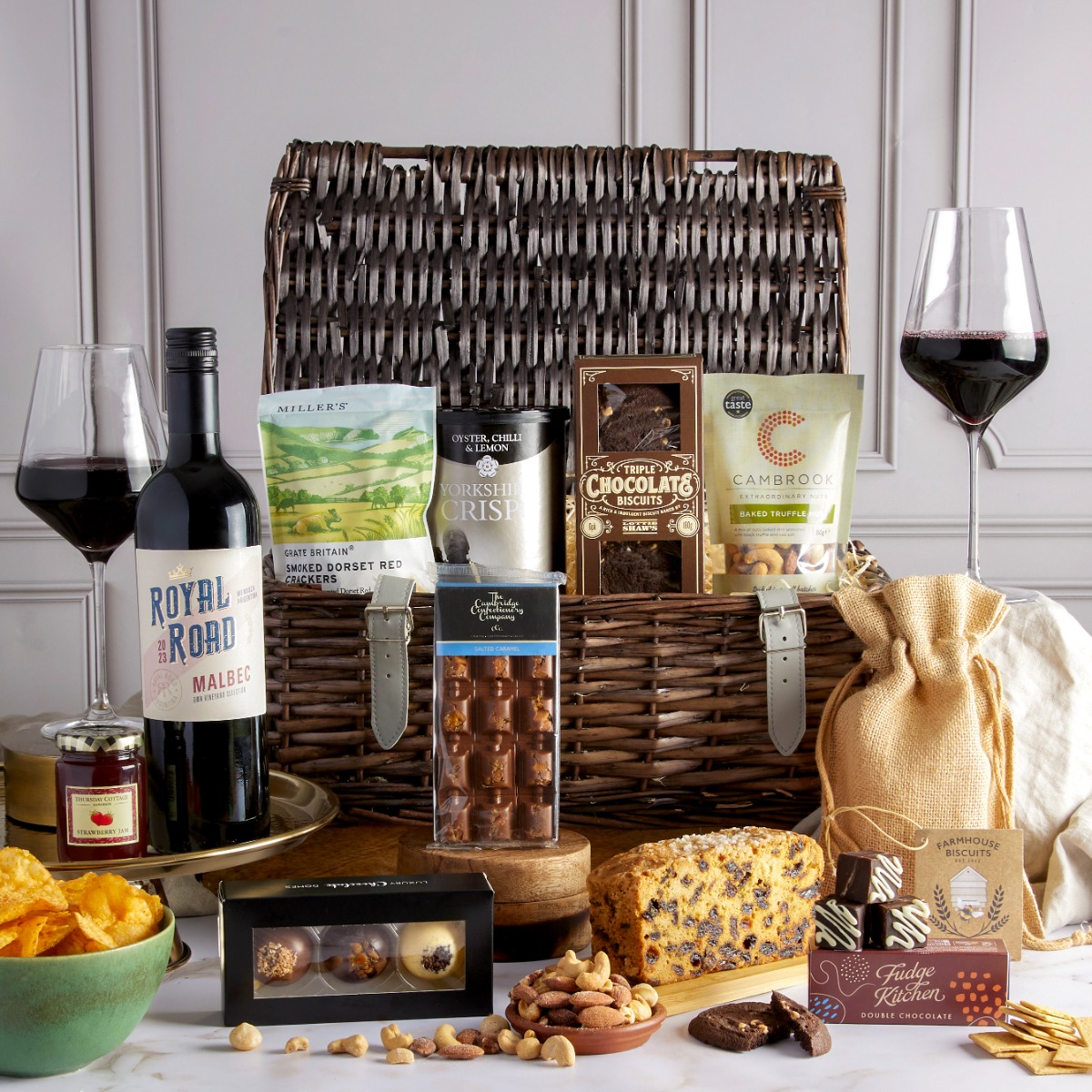 The classic food and drink hamper with contents on display