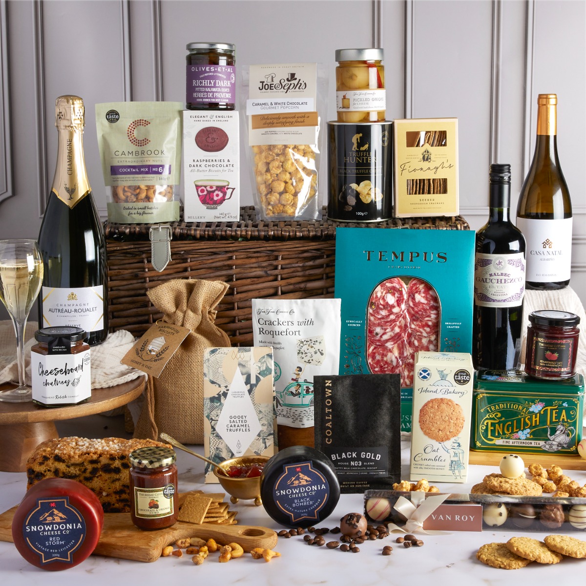 The Deluxe Hamper with contents on display