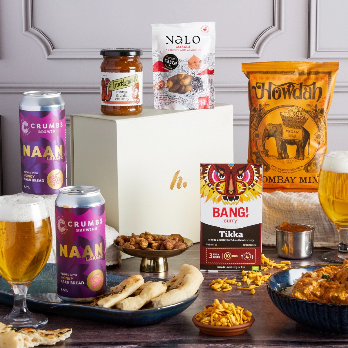 Curry Night Indian Beer Hamper with contents on display