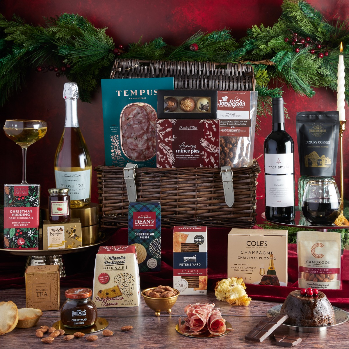 The Traditional Christmas Hamper with content on display