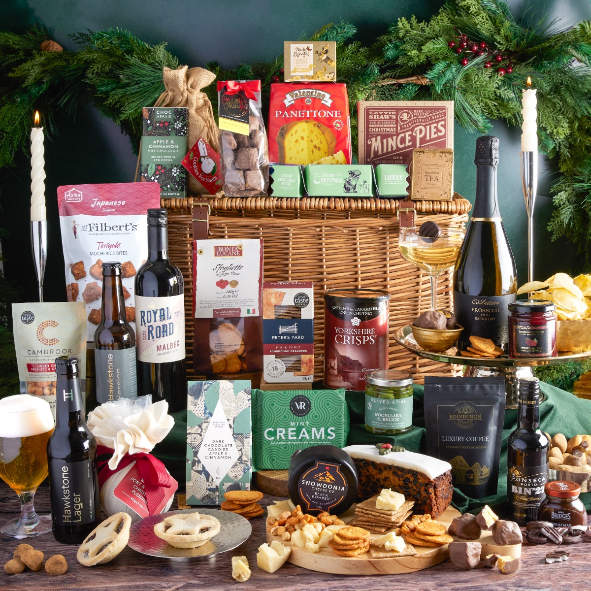  The Luxury Family Sharing Christmas Hamper with contents on display as a recommended Christmas wine hamper
