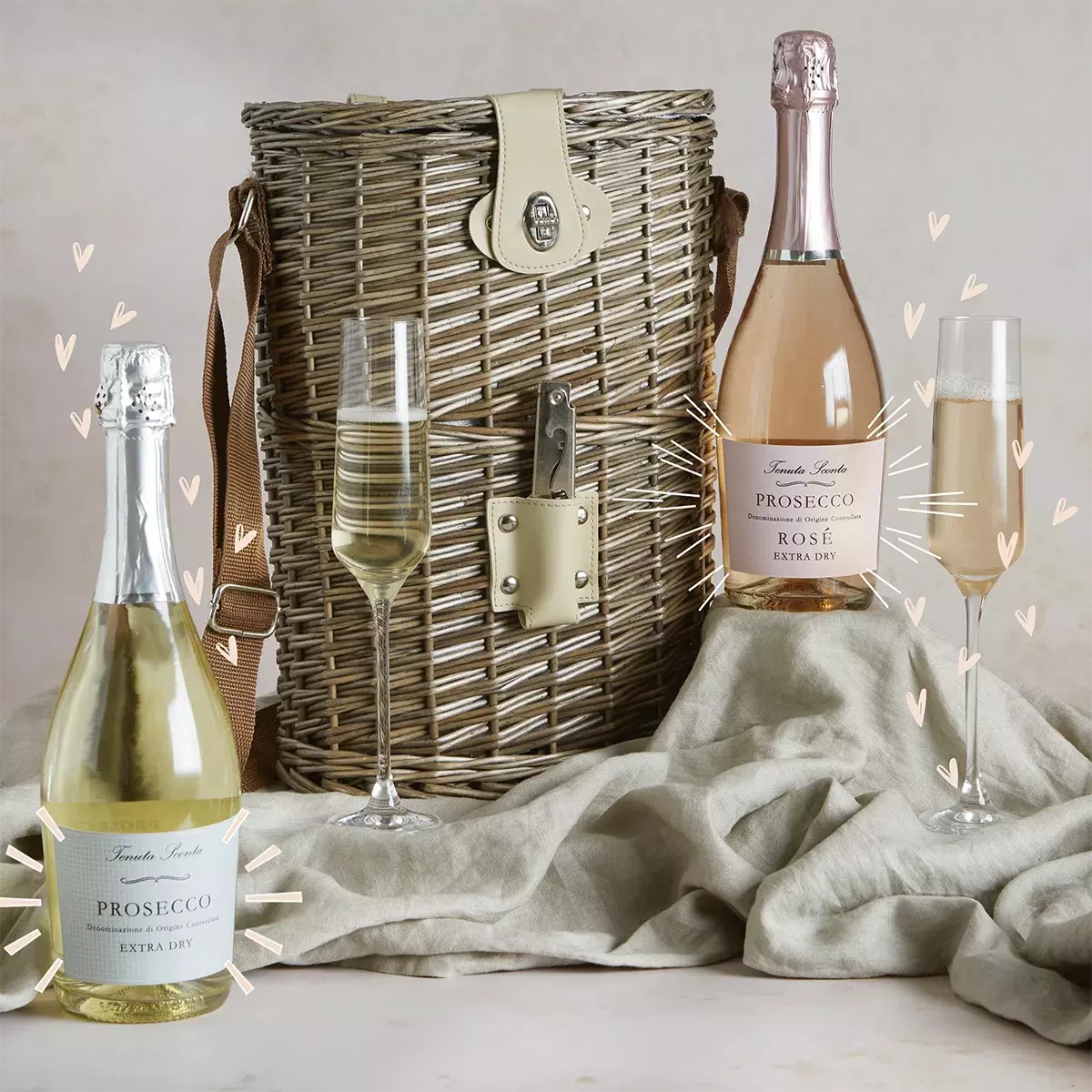 Prosecco Duo & Wicker Chiller Carrier with contents on display