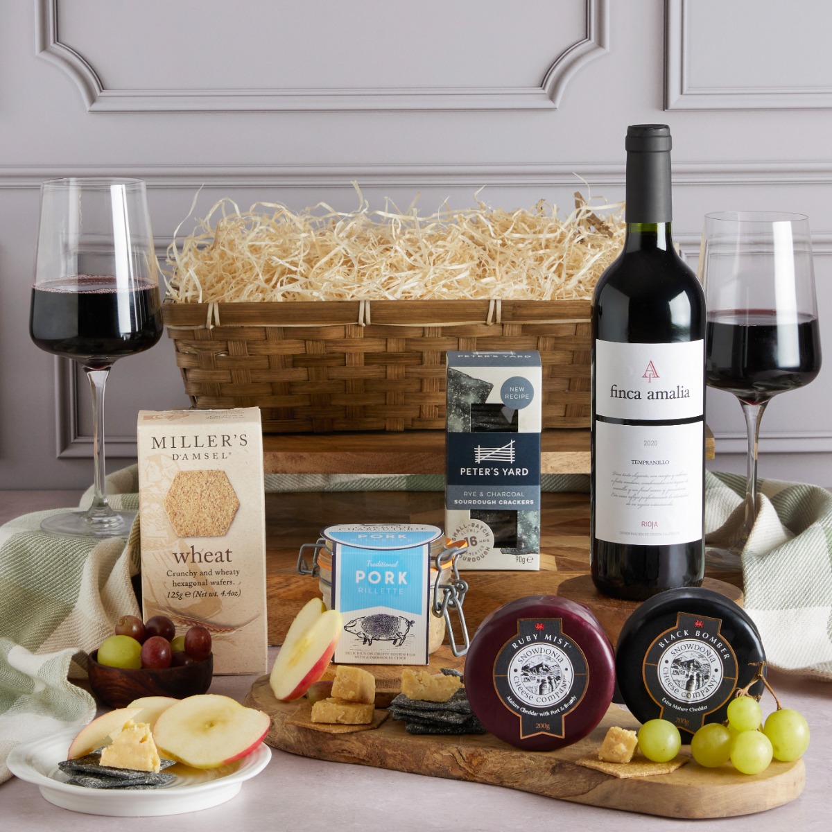 Wine, Cheese and Rillette Hamper with contents on display