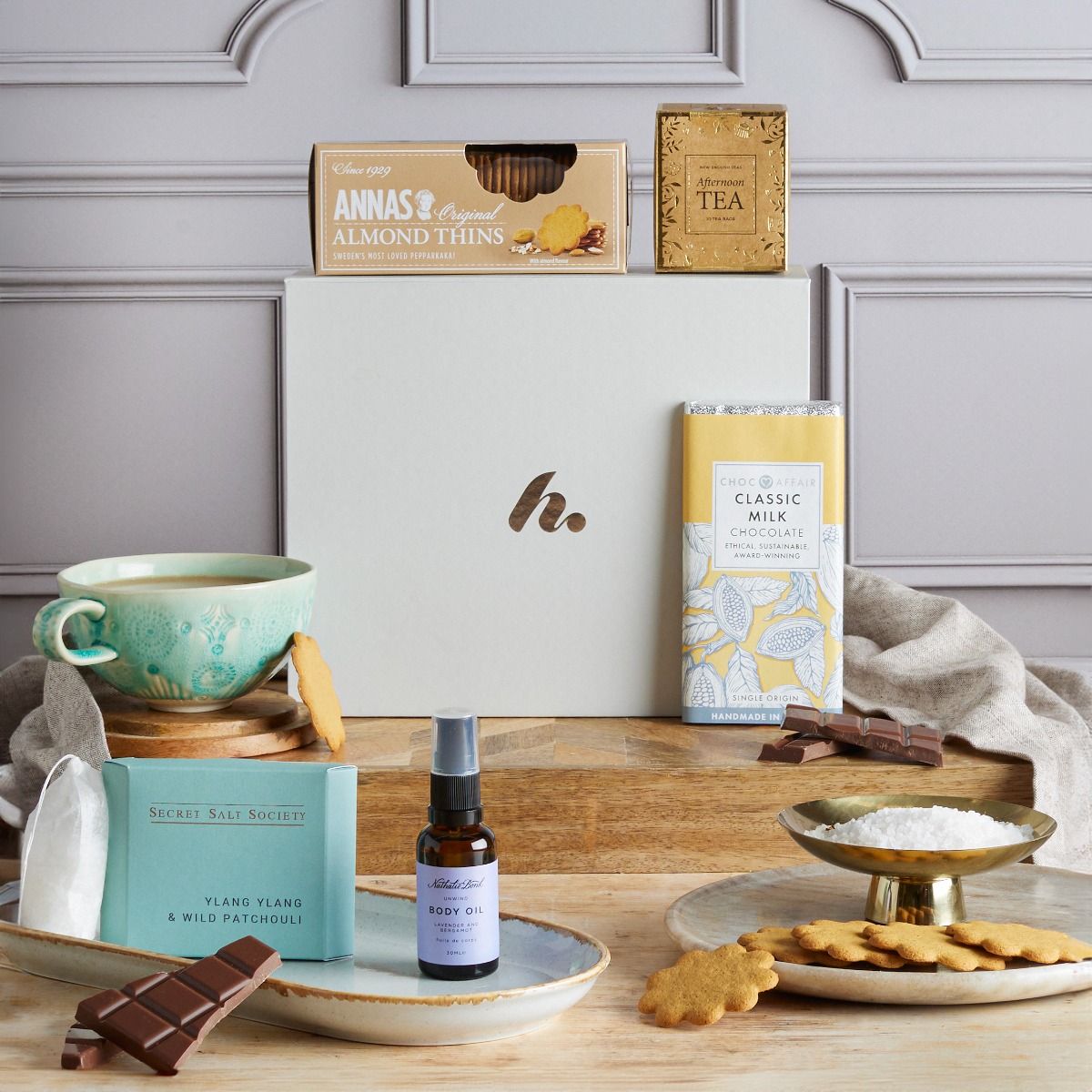 Self-care spa hamper with contents on display