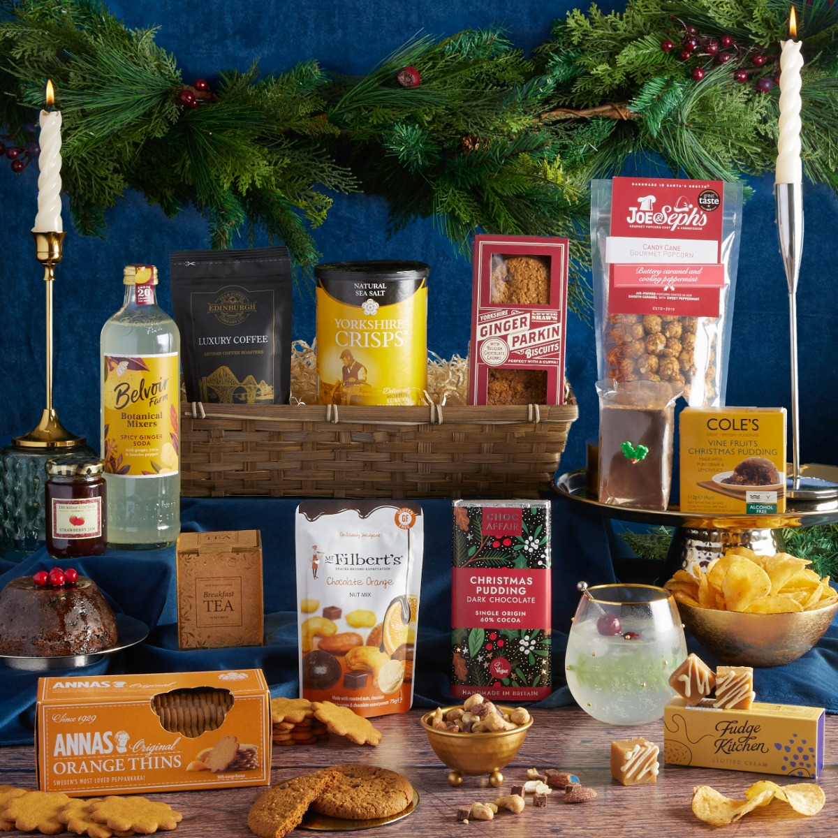 The Luxury Joy of Christmas Hamper with contents on display as one of our Christmas hampers ideas