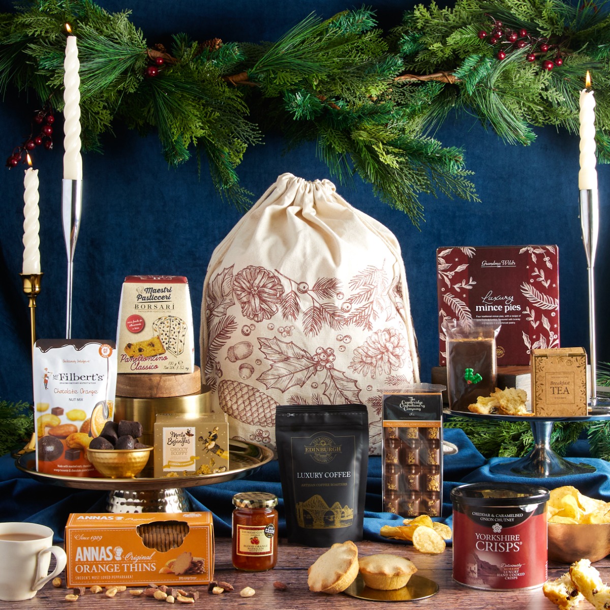  Festive Favourites Santa Sack Hamper with contents on display