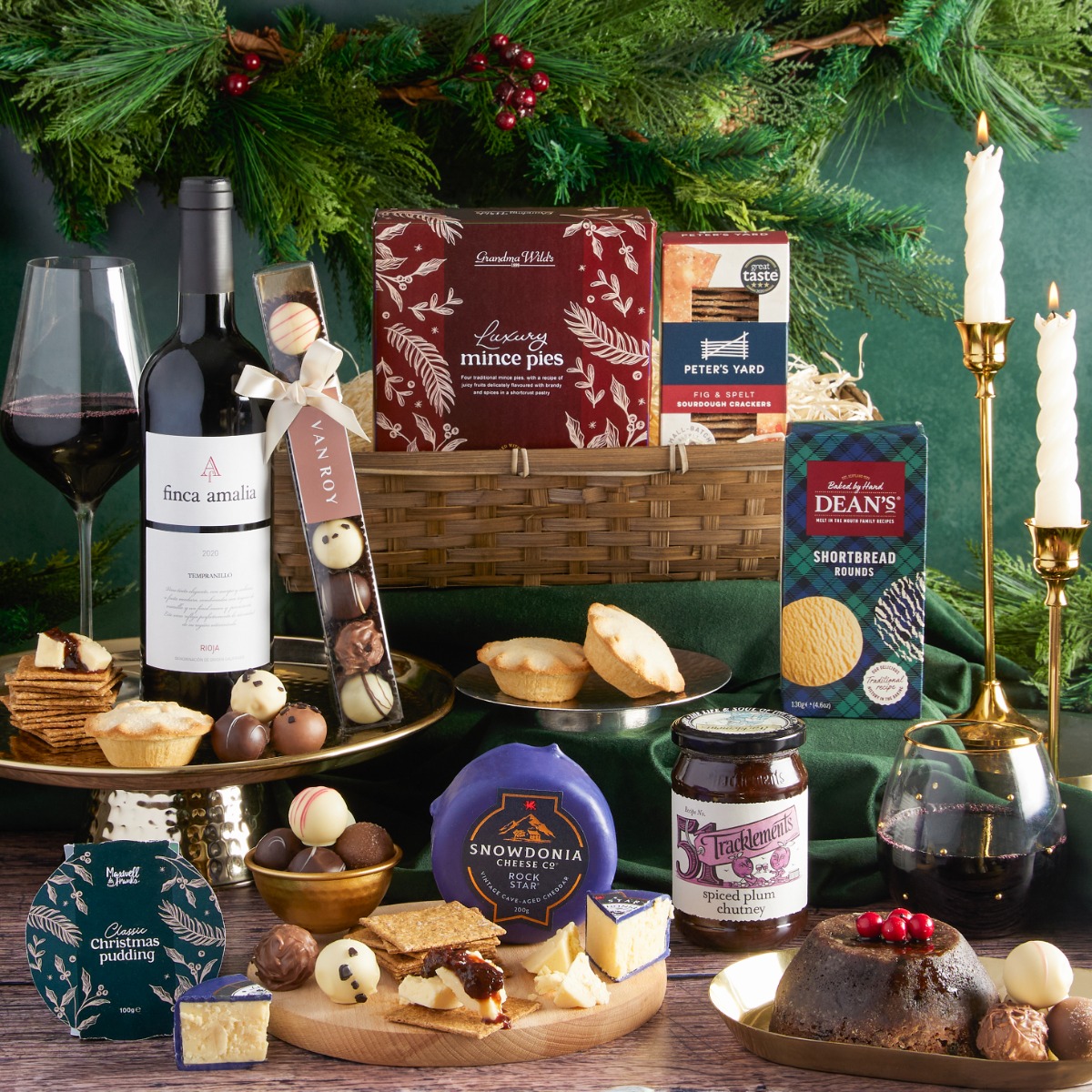  The Classic Christmas Food & Wine Hamper with contents on display as a recommended Christmas cheese gift