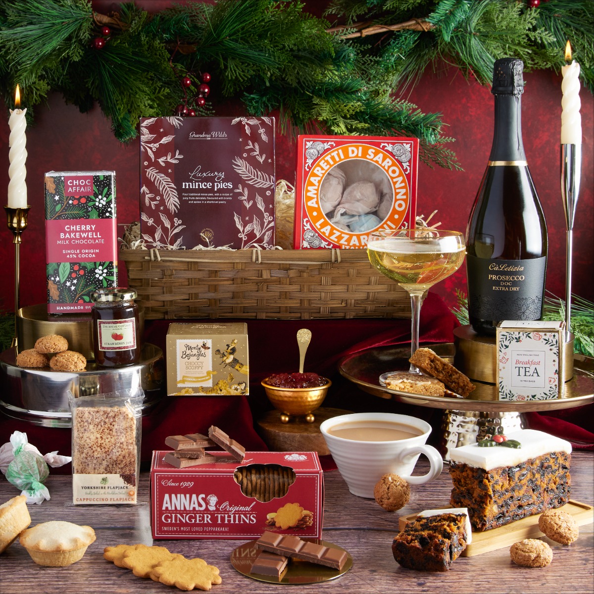 Festive Afternoon Tea Hamper with contents on display