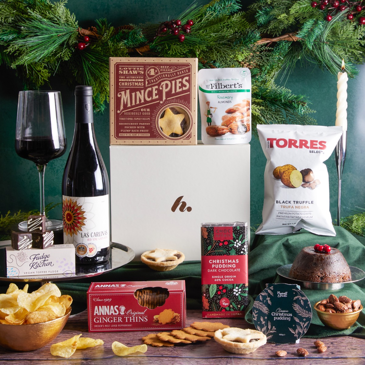 Red  Red Wine & Festive Treats Vegan Hamper with contents on display