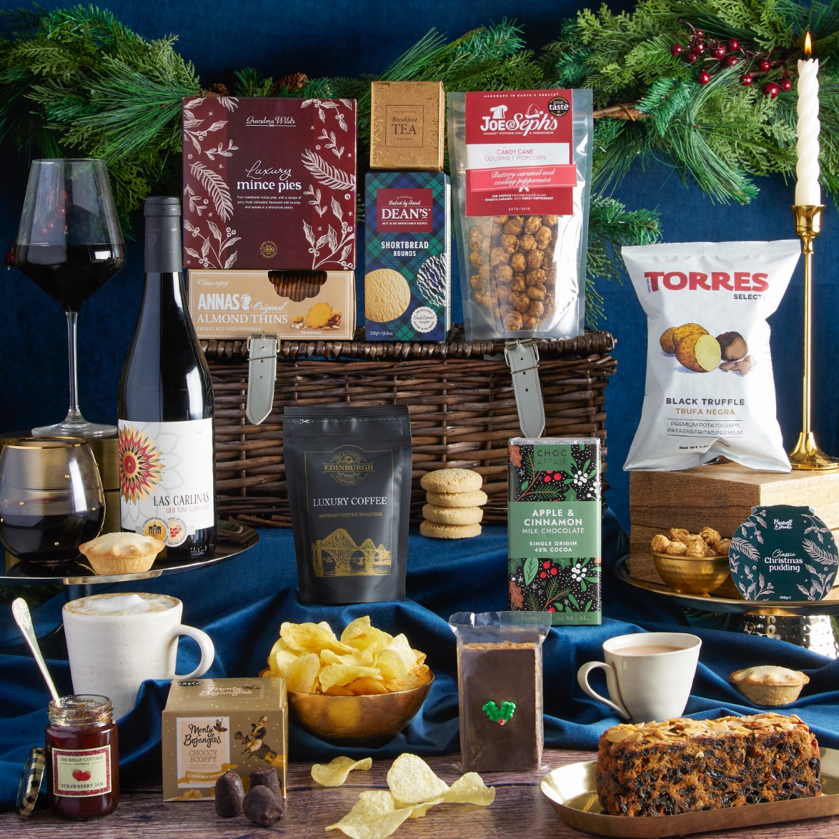  The Magic of Christmas Hamper with contents on display as recommended Christmas gift hamper for neighbours or friends