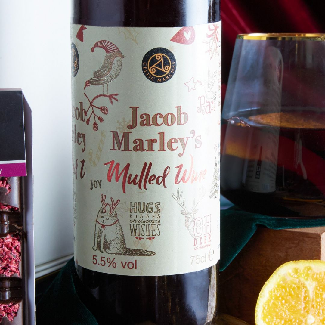 Close up of Jacob Marley's mulled wine as recommended contents of a Christmas hamper