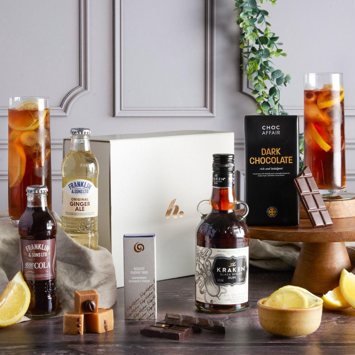 Spiced Rum and Chocolate Hamper with contents on display