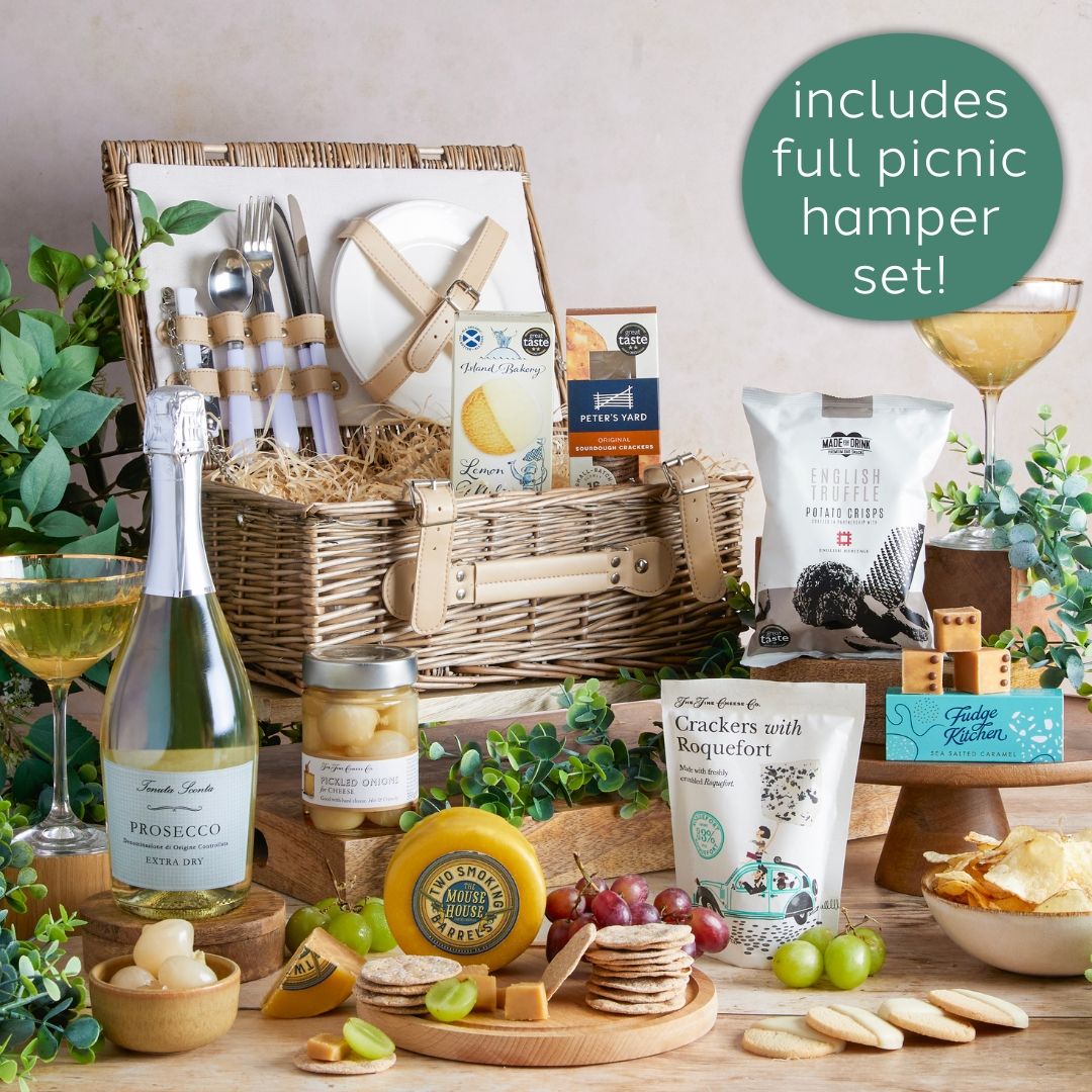 Summer Prosecco Picnic Hamper with contents on display