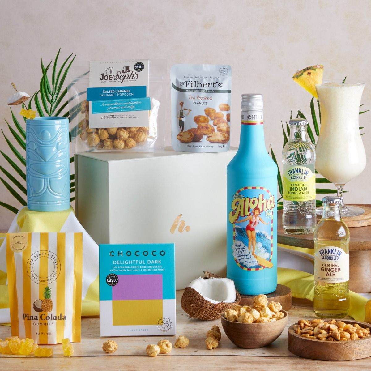 The Aloha Summer Cocktail Hamper with contents on display