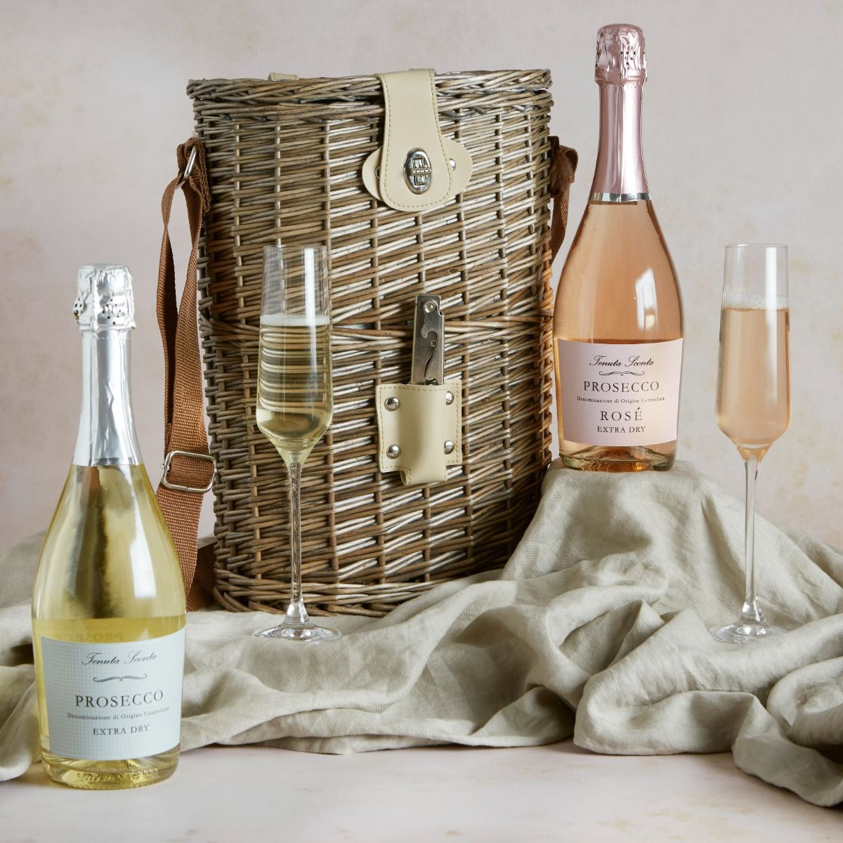  Prosecco Duo & Wicker Chiller Carrier with contents on display as a suggested birthday picnic hampers