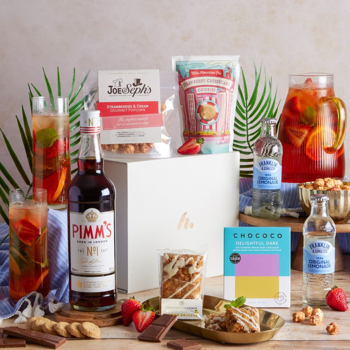 British Pimm's Summer Hamper with contents on display as a recommended thank you picnic hamper gift