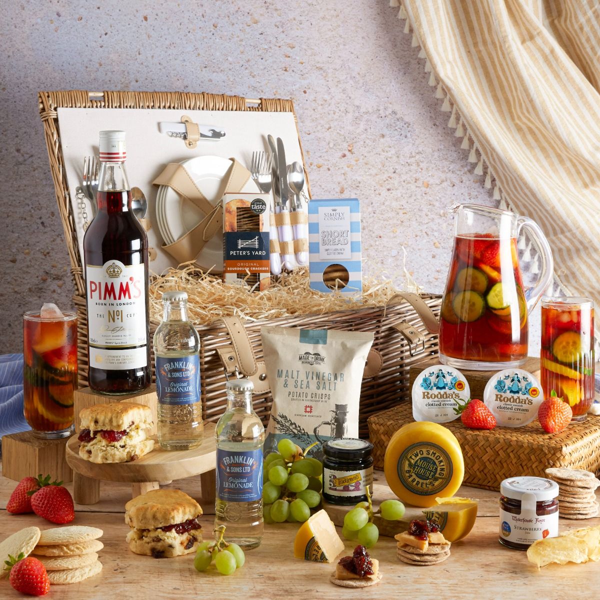 British Pimm's Summer Picnic Hamper with contents on display