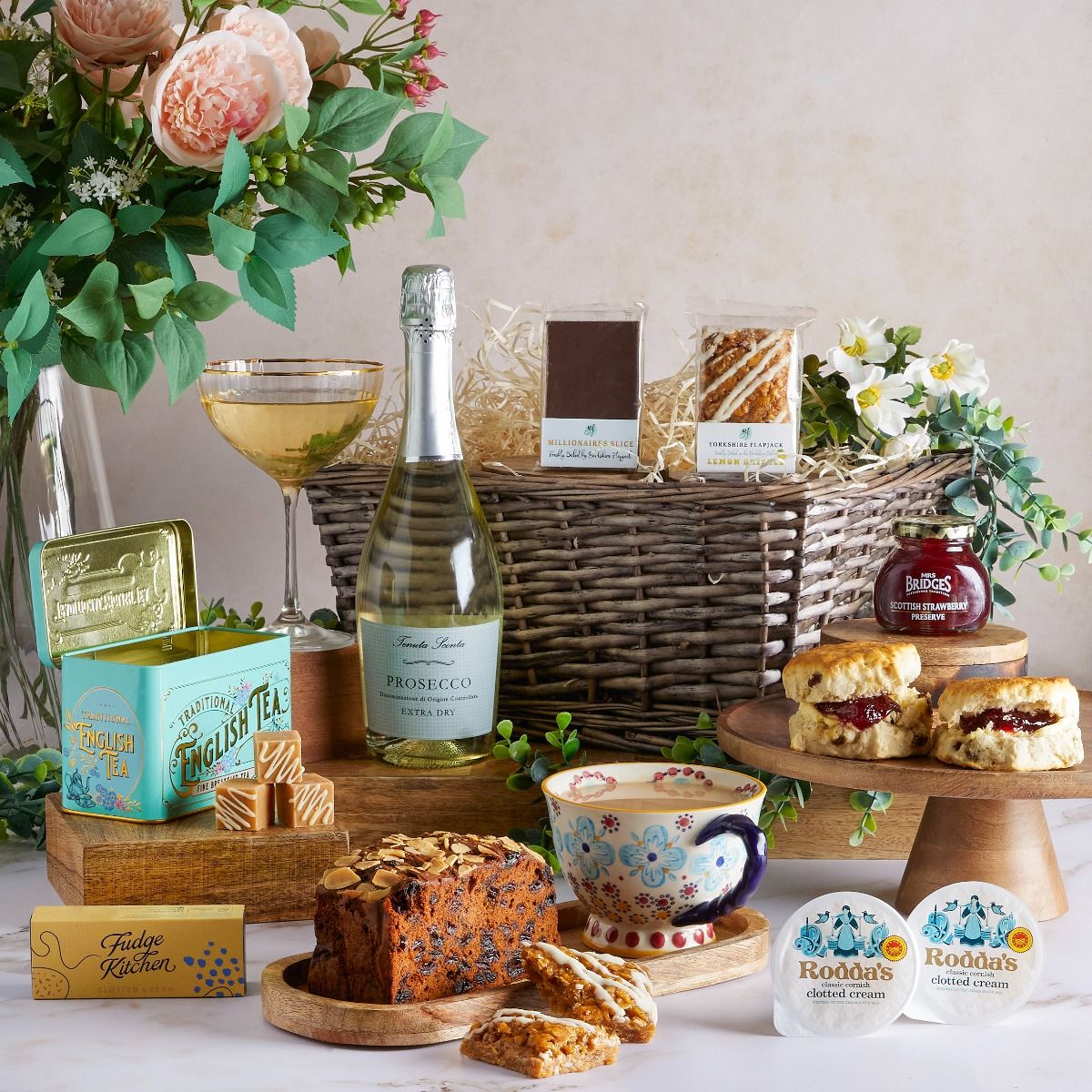 Afternoon Tea with Prosecco Hamper with contents on display as a recommendation for a 60th birthday gift idea